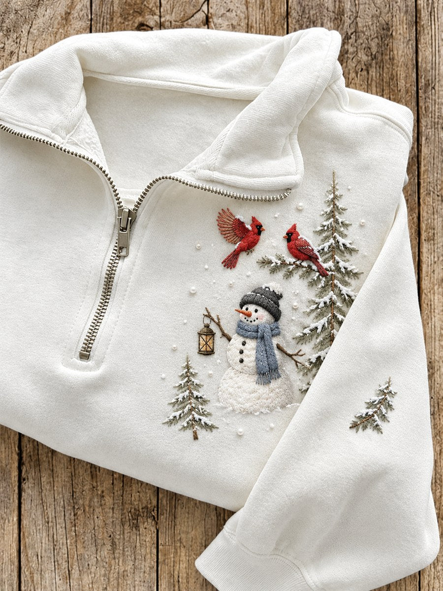 Women's Snowy Winter Snowman & Red Cardinals Print Zip Up Sweatshirt gracestitchs