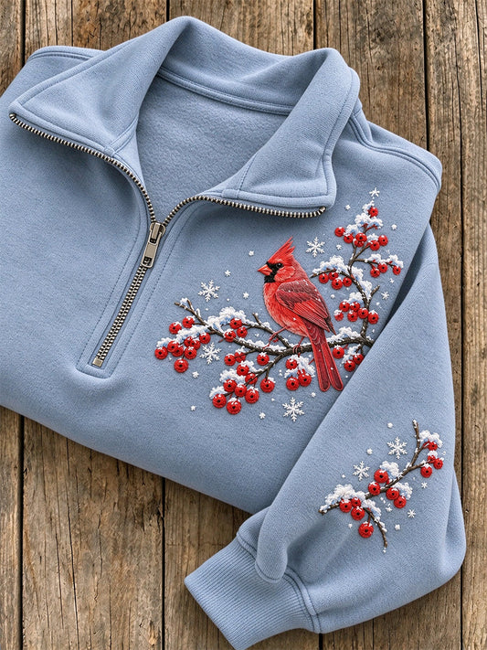 Women's Snowy Winter Red Cardinal On Branch Print Zip Up Sweatshirt gracestitchs