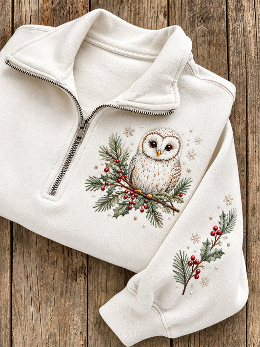 Women's Winter Barn Owl Pattern Casual Half-Zip Sweatshirt gracestitchs