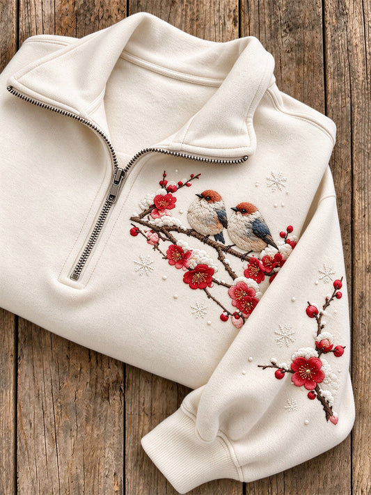 Women's Snowy Winter Two Birds On Branch Print Zip Up Sweatshirt gracestitchs