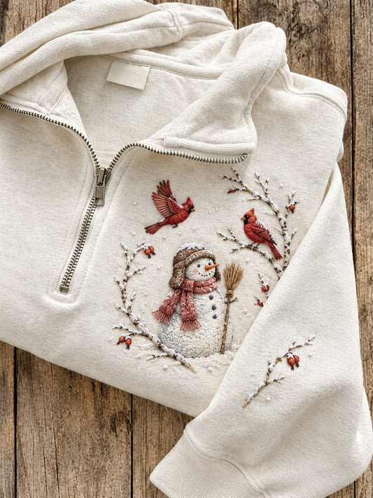 Women's Snowy Winter Snowman & Red Cardinals Print Zip Up Sweatshirt gracestitchs