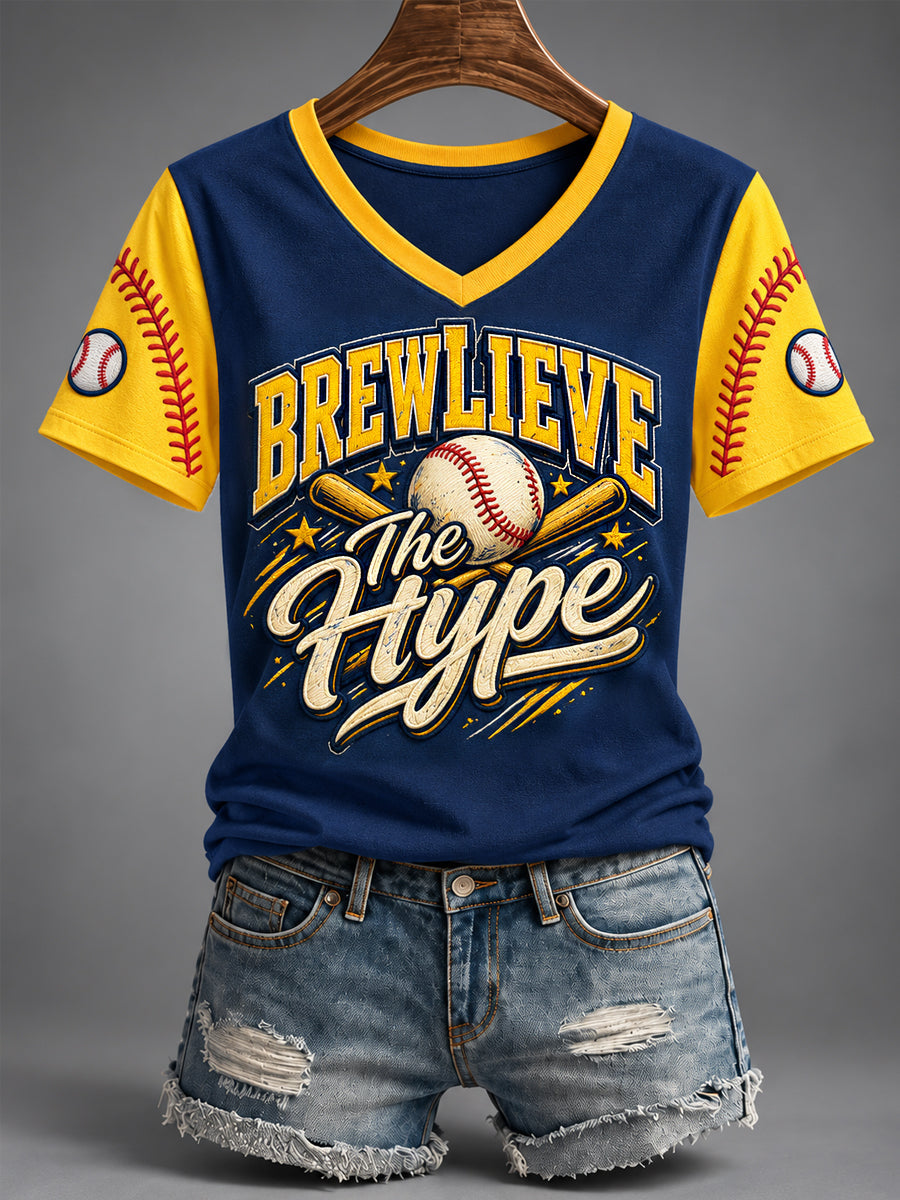 Women's Never Stop Brewlieving Gift For Baseball Fans Casual V-Neck Tee gracestitchs
