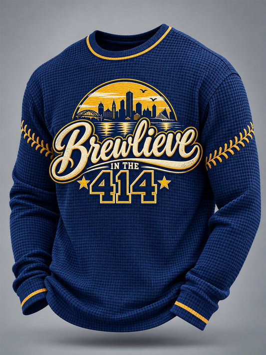 Men's Brewlieve In 414 Gift For Baseball Fans Casual Waffle Long Sleeve T-Shirt gracestitchs