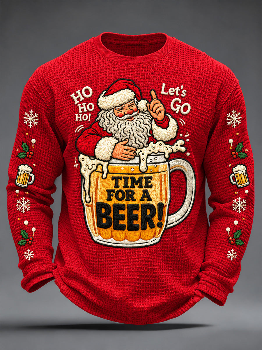 Men's Christmas Santa Claus Drink Beer Print Casual Waffle Long Sleeve T-Shirt gracestitchs
