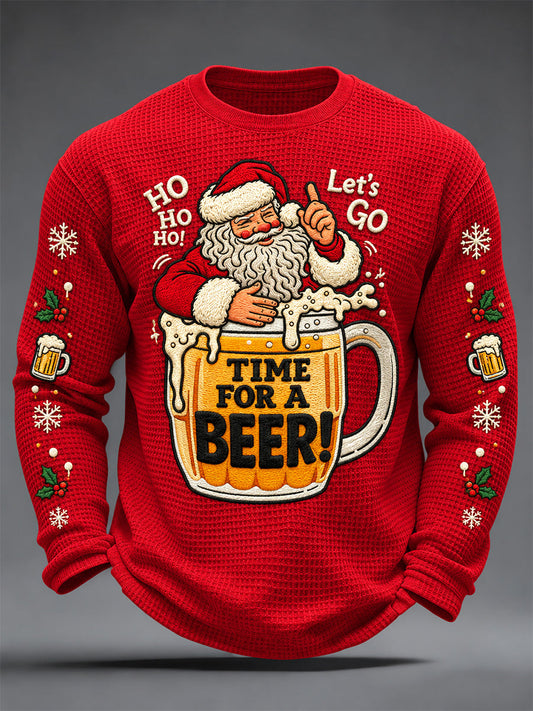 Men's Christmas Santa Claus Drink Beer Print Casual Waffle Long Sleeve T-Shirt gracestitchs