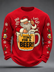 Men's Christmas Santa Claus Drink Beer Print Casual Waffle Long Sleeve T-Shirt gracestitchs