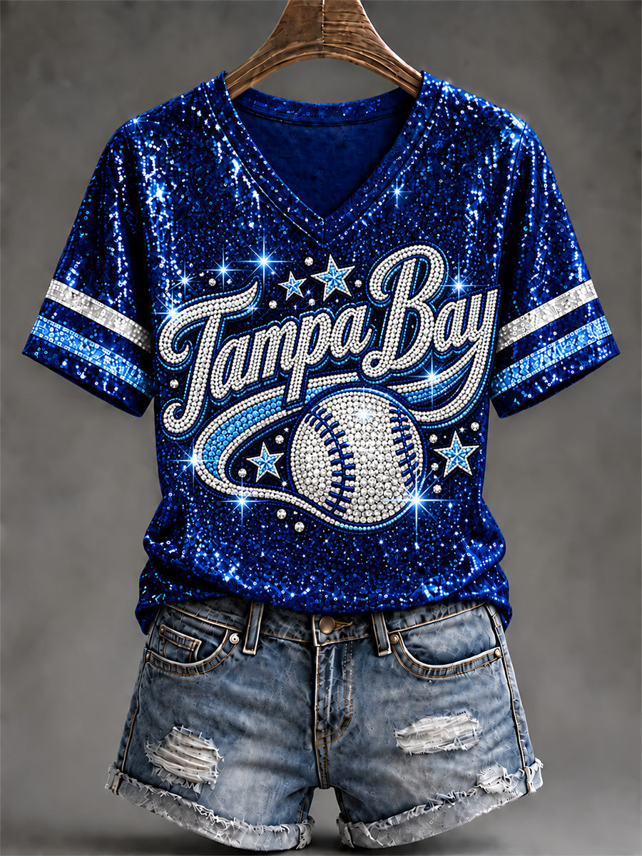 Women's Tampa Bay Baseball Lover Print V-Neck Tee gracestitchs