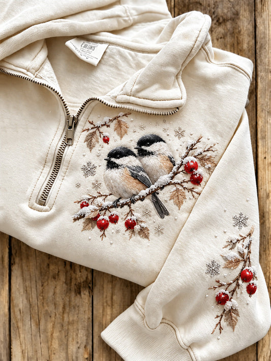 Women's Poecile Atricapillus And Floral Pattern Casual Half-Zip Sweatshirt gracestitchs