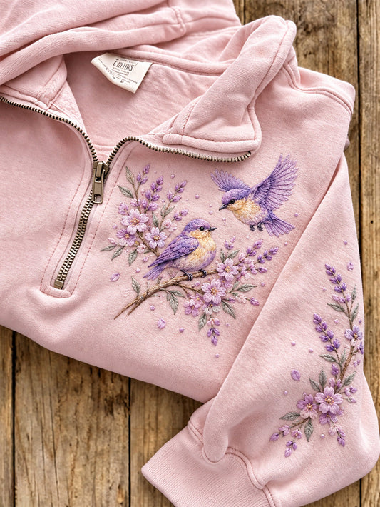 Women's  Eurasian Blue Tit And Flower Pattern  Casual Half-Zip Sweatshirt gracestitchs