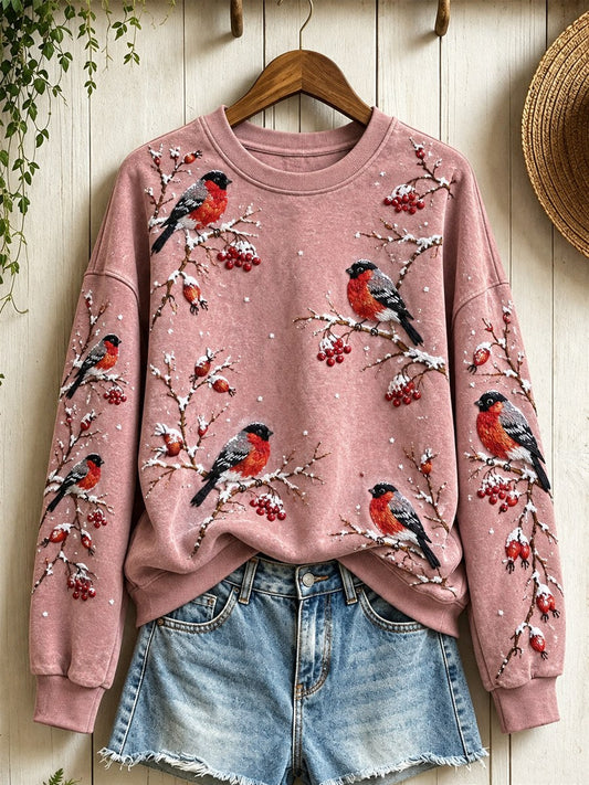 Women's Snowy Winter Eurasian Bullfinch Birds on Branches Print Sweatshirt gracestitchs