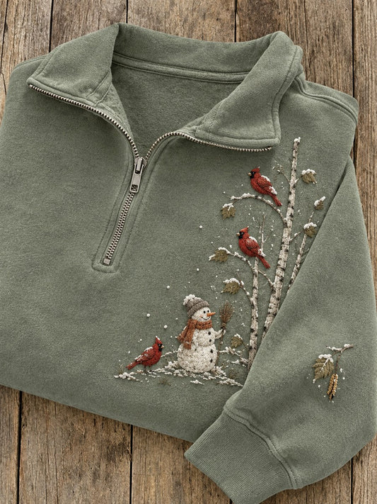 Women's Snowy Winter Snowman & Red Cardinals Print Zip Up Sweatshirt gracestitchs