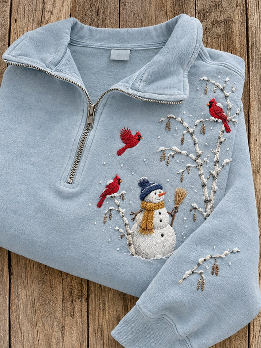 Women's Snowy Winter Snowman & Red Cardinals Print Zip Up Sweatshirt gracestitchs