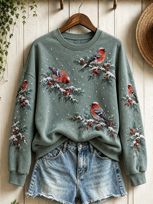 Women's Snowy Winter European Goldfinch Birds on Branches Print Sweatshirt gracestitchs