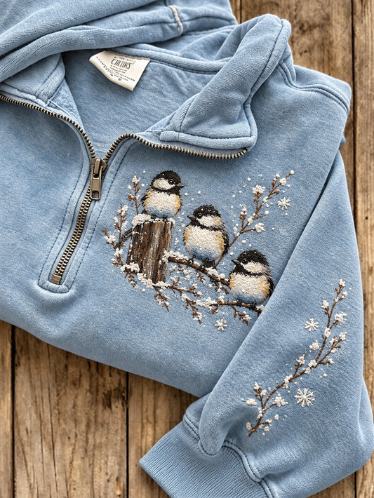 Women's Poecile Atricapillus And Floral Pattern Casual Half-Zip Sweatshirt gracestitchs