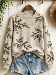 Women's Snowy Winter Goldcrest Birds on Branches Print Sweatshirt gracestitchs