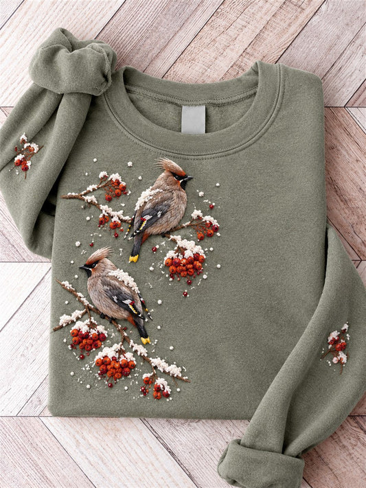 Women's Snowy Winter Waxwing Birds on Braches Print Sweatshirt gracestitchs