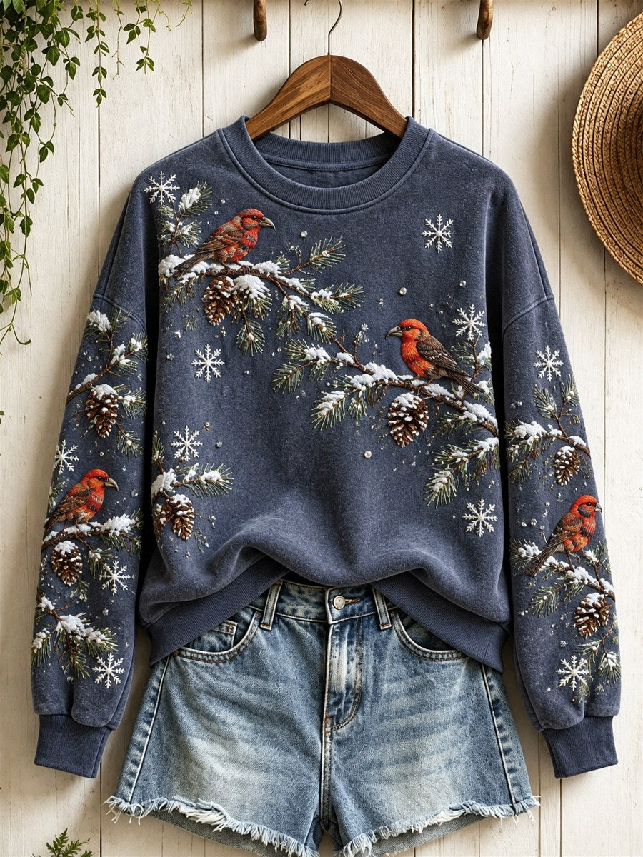Women's Snowy Winter Red Crossbill Birds on Branches Print Sweatshirt gracestitchs