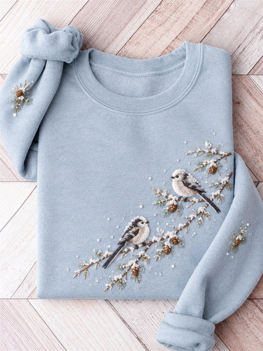 Women's Snowy Winter Long-tailed Tit Birds on Braches Print Sweatshirt gracestitchs