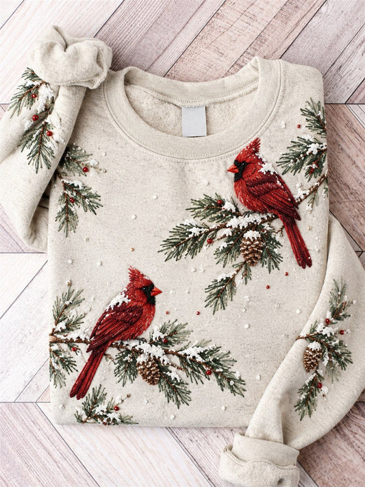 Women's Snowy Winter Red Cardinal Birds on Braches Print Sweatshirt gracestitchs