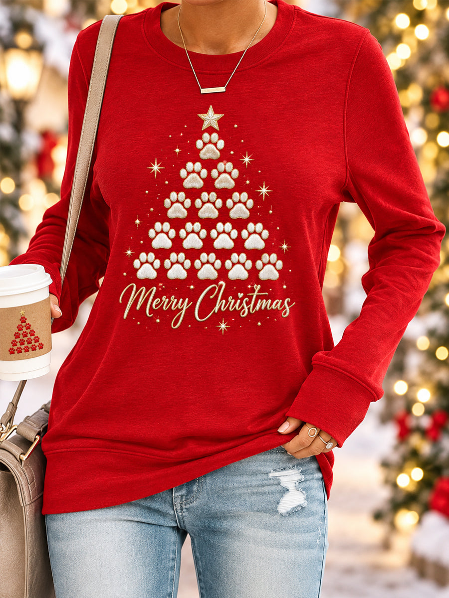 Women's Dog Paw Christmas Tree Print Merry Christmas Dog Lovers Casual Sweatshirt gracestitchs