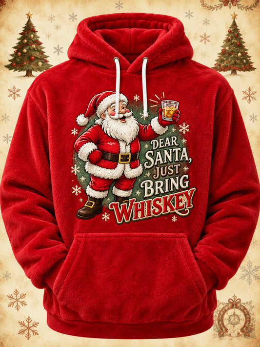 Men's Funny Christmas Dear Santa Just Bring Whiskey Santa Claus Print Casual Flannel Hoodie gracestitchs