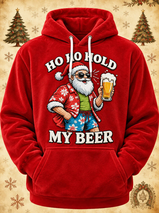 Men's Funny Christmas Ho Ho Hold My Beer Santa Claus Print Casual Flannel Hoodie gracestitchs