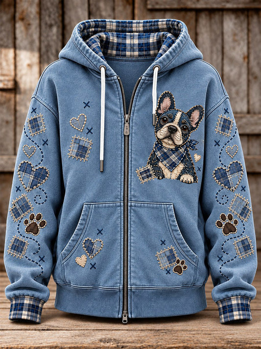 Women's Cute Patchwork Dog Print Zip-Up Hoodie gracestitchs