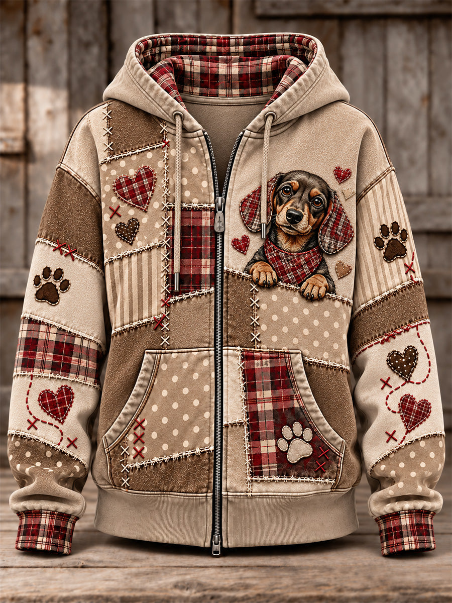 Women's Cute Patchwork Dog Print Zip-Up Hoodie gracestitchs