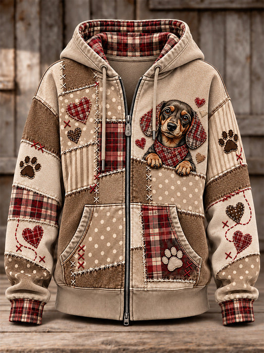 Women's Cute Patchwork Dog Print Zip-Up Hoodie gracestitchs