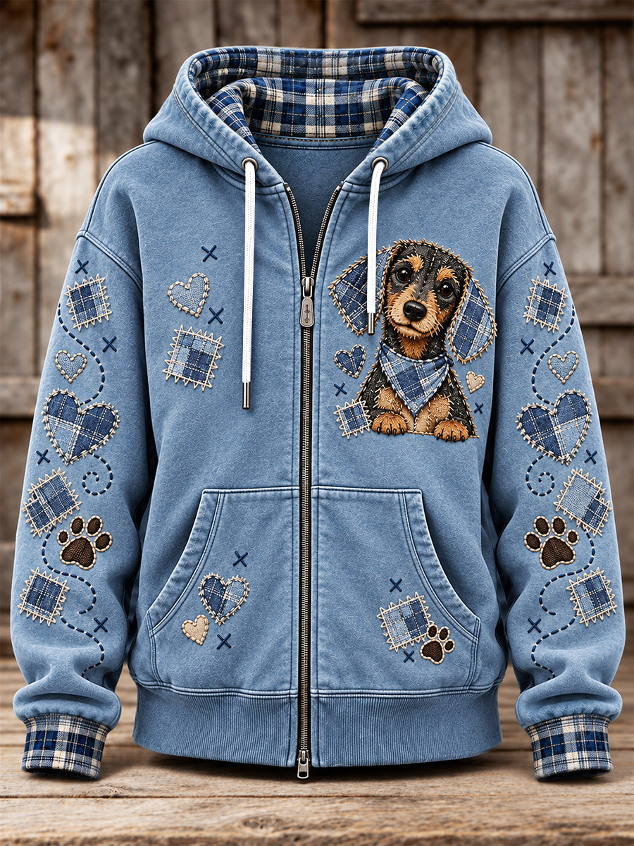 Women's Cute Patchwork Dog Print Zip-Up Hoodie gracestitchs