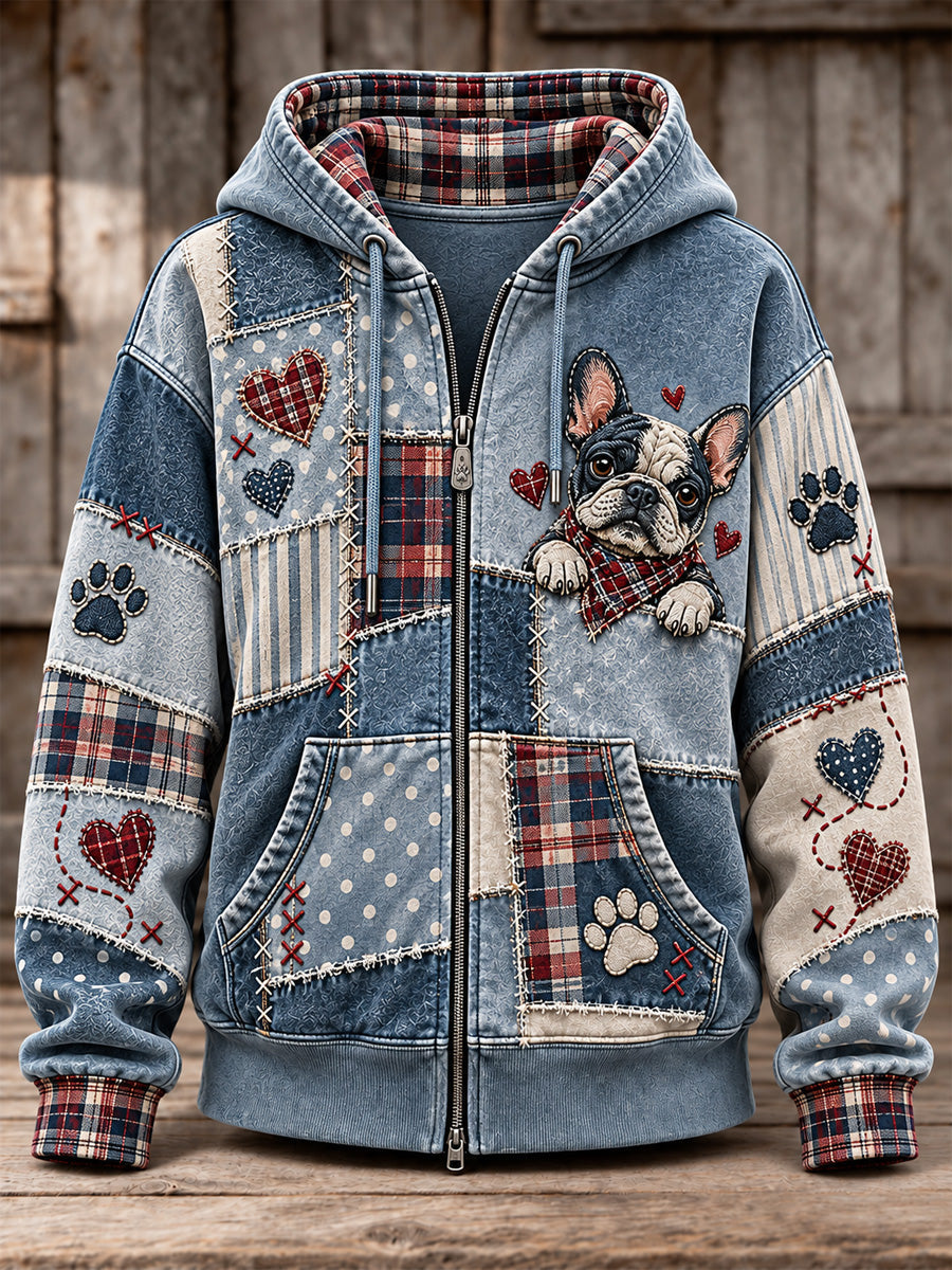 Women's Cute Patchwork Dog Print Zip-Up Hoodie gracestitchs