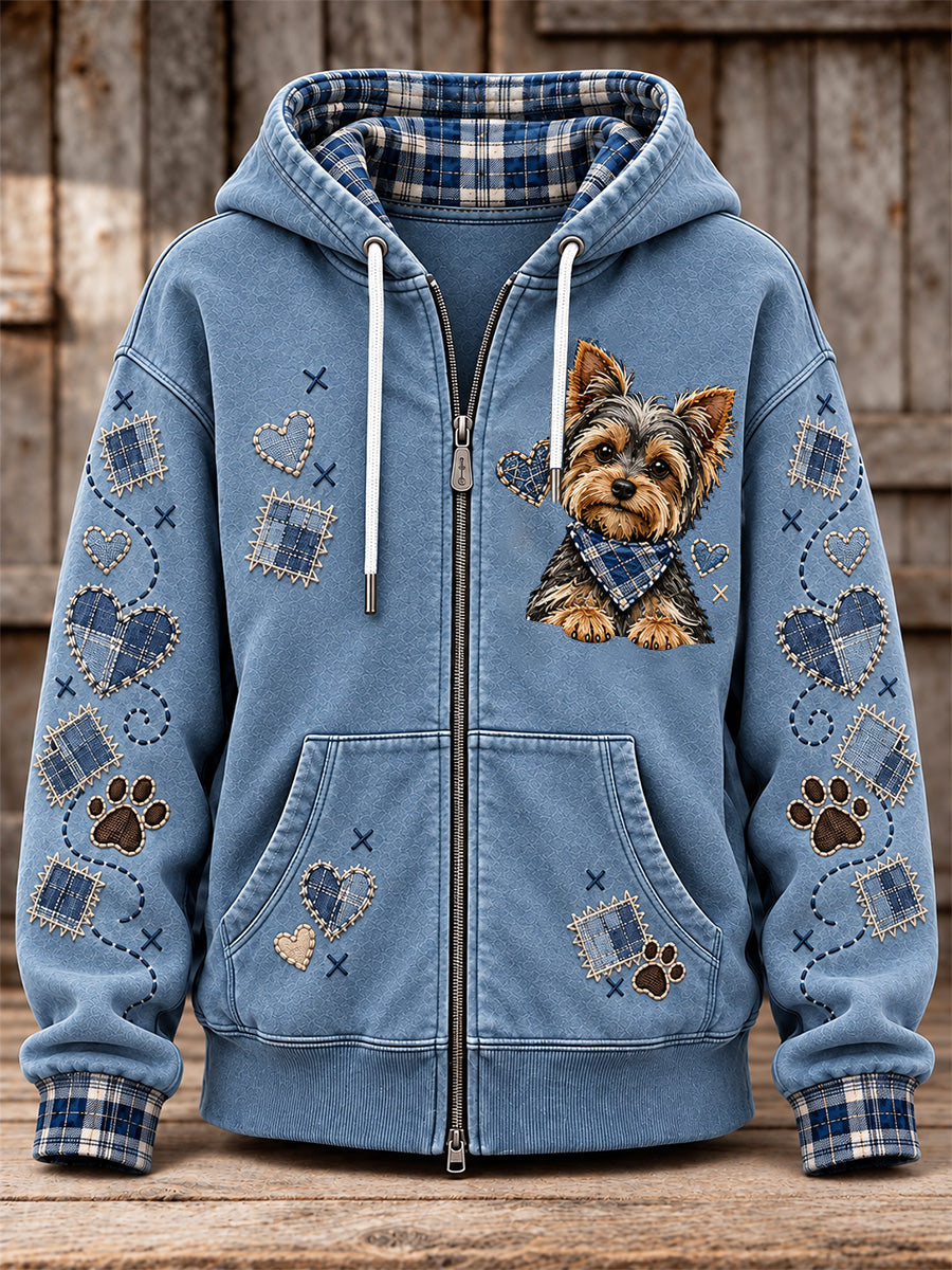 Women's Cute Patchwork Dog Print Zip-Up Hoodie gracestitchs