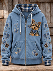 Women's Cute Patchwork Dog Print Zip-Up Hoodie gracestitchs