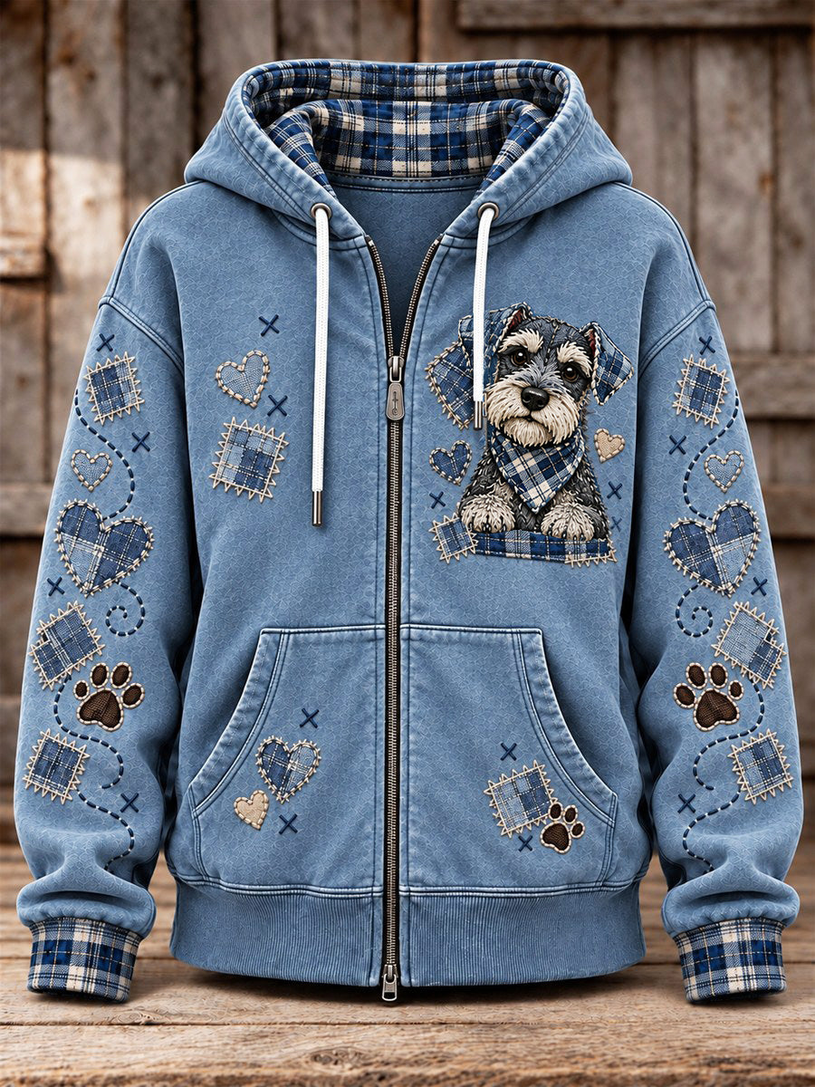 Women's Cute Patchwork Dog Print Zip-Up Hoodie gracestitchs