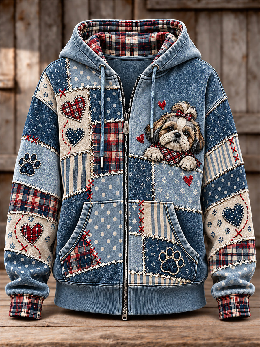Women's Cute Patchwork Dog Print Zip-Up Hoodie gracestitchs