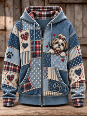 Women's Cute Patchwork Dog Print Zip-Up Hoodie gracestitchs