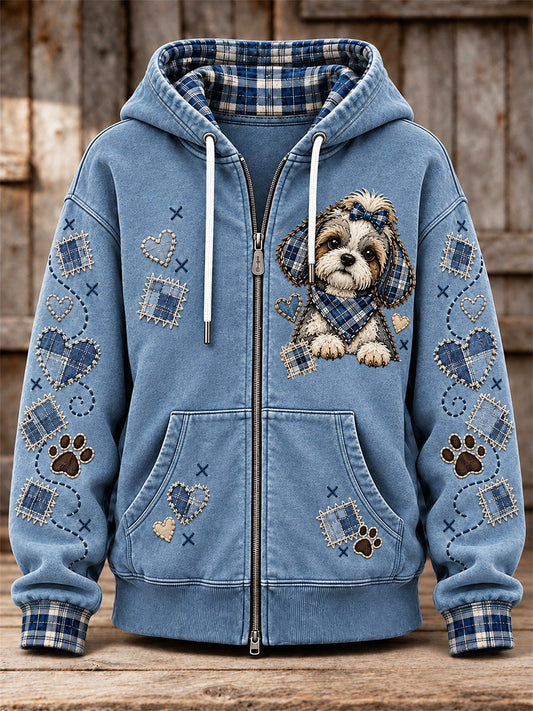 Women's Cute Patchwork Dog Print Zip-Up Hoodie gracestitchs