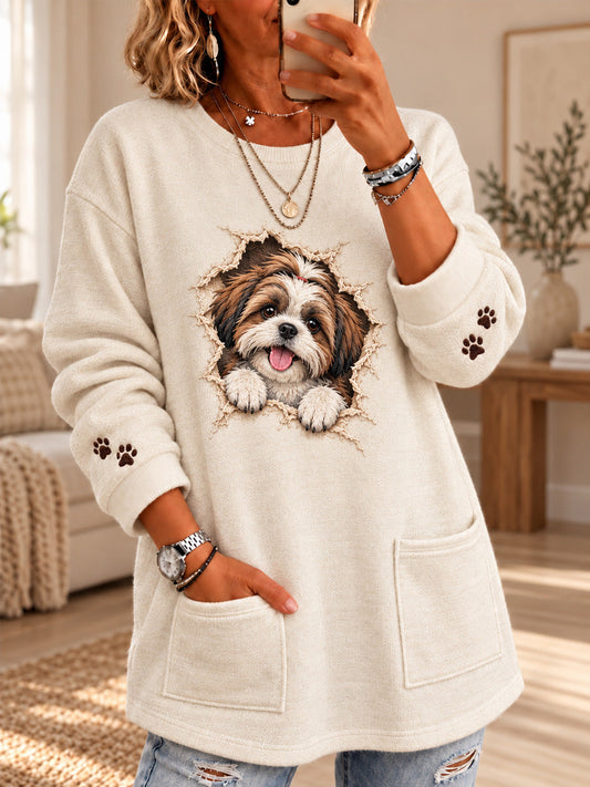 Women's Cute Dog Print Casual Long Sleeve Sweater gracestitchs