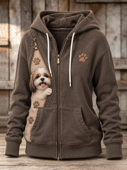 Women's Peeking Shih Tzu Dog & Paw Prints Zipper Contrast Print Full Zip Hoodie gracestitchs