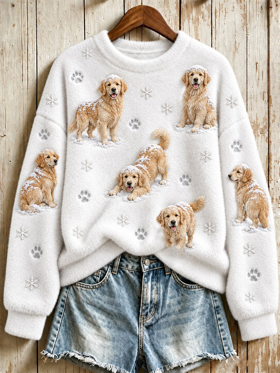 Women's Golden Retriever Dogs in the Snow Snowflakes Print Flannel Sweatshirt gracestitchs