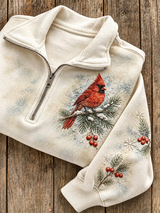 Women's Winter Red Cardinal Pattern Casual Half-Zip Sweatshirt gracestitchs