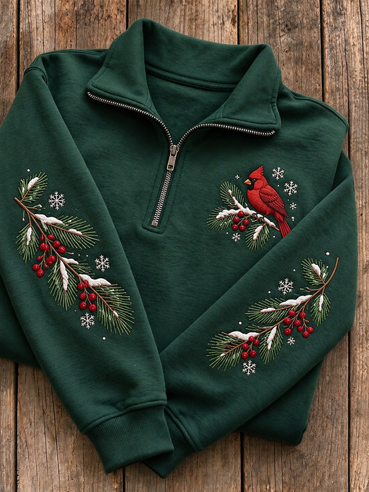 Women's Snowy Winter Red Cardinal On Branch Print Zip Up Sweatshirt gracestitchs