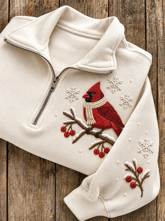 Women's Winter Red Cardinal Pattern Casual Half-Zip Sweatshirt gracestitchs