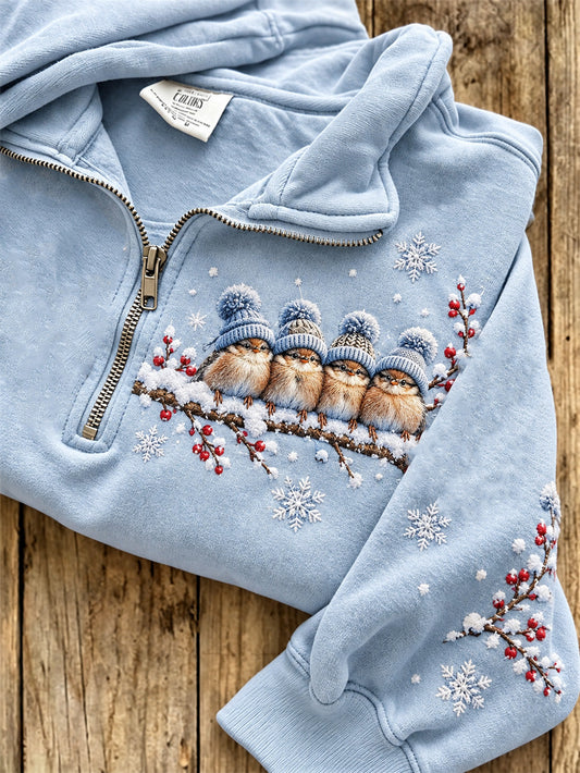 Women's Winter Chickadees Pattern Casual Half-Zip Sweatshirt gracestitchs