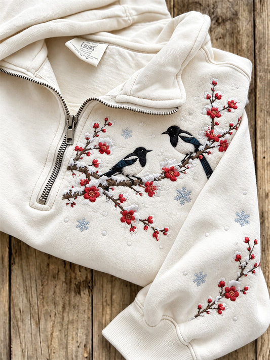 Women's Winter Eurasian magpies Pattern Casual Half-Zip Sweatshirt gracestitchs
