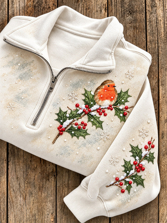 Women's Snowy Winter Robin On Branch Print Zip Up Sweatshirt gracestitchs