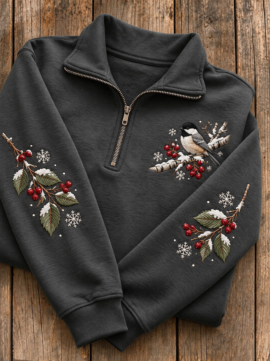 Women's Snowy Winter Chickadee On Branch Print Zip Up Sweatshirt gracestitchs