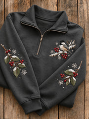 Women's Snowy Winter Chickadee On Branch Print Zip Up Sweatshirt gracestitchs