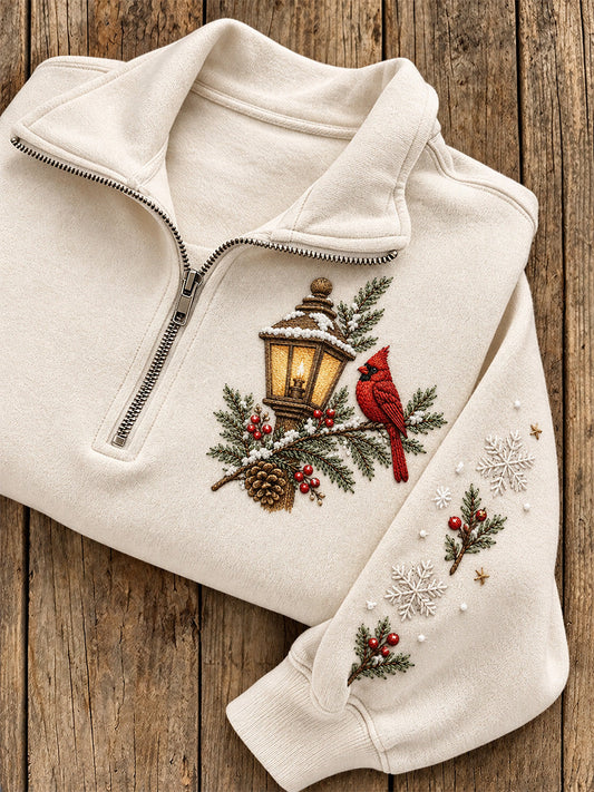 Women's Winter Red Cardinal Snowy Lantern Print Zip Up Sweatshirt gracestitchs