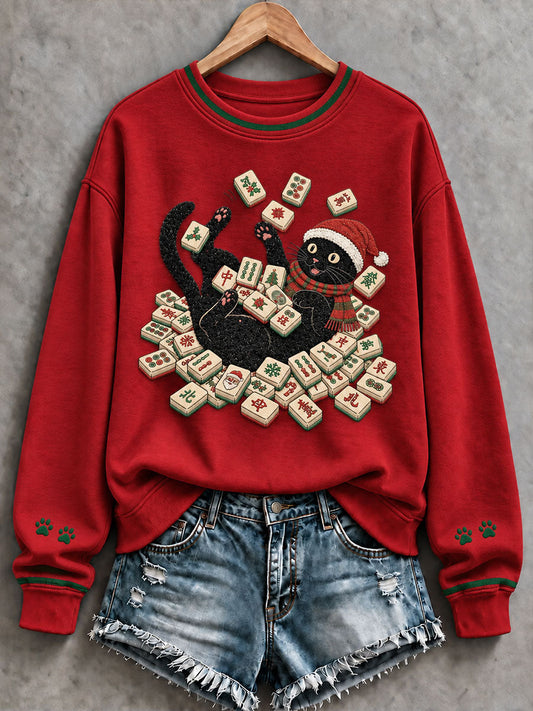Women's Christmas Black Cat Mahjong Print Casual Sweatshirt gracestitchs